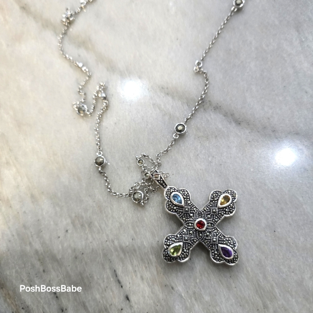 Sterling Silver Marcasite Multi-Gemstone Cross Pendant Necklace – 30" Chain